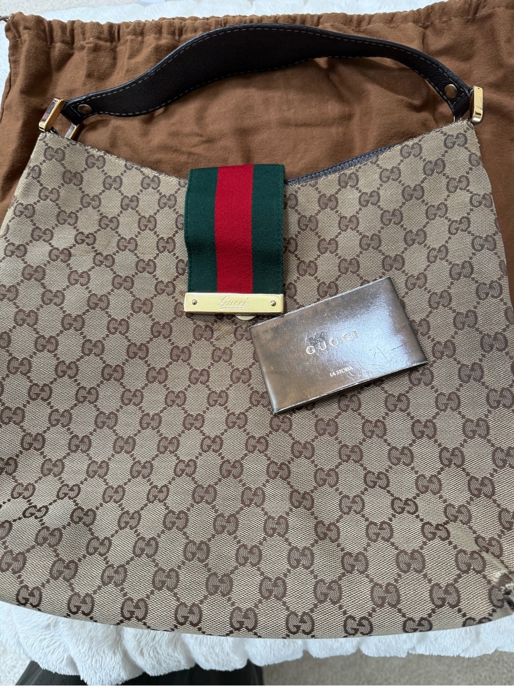 Gucci Brown GG Canvas Messenger Bag with Green and Red Web Stripe